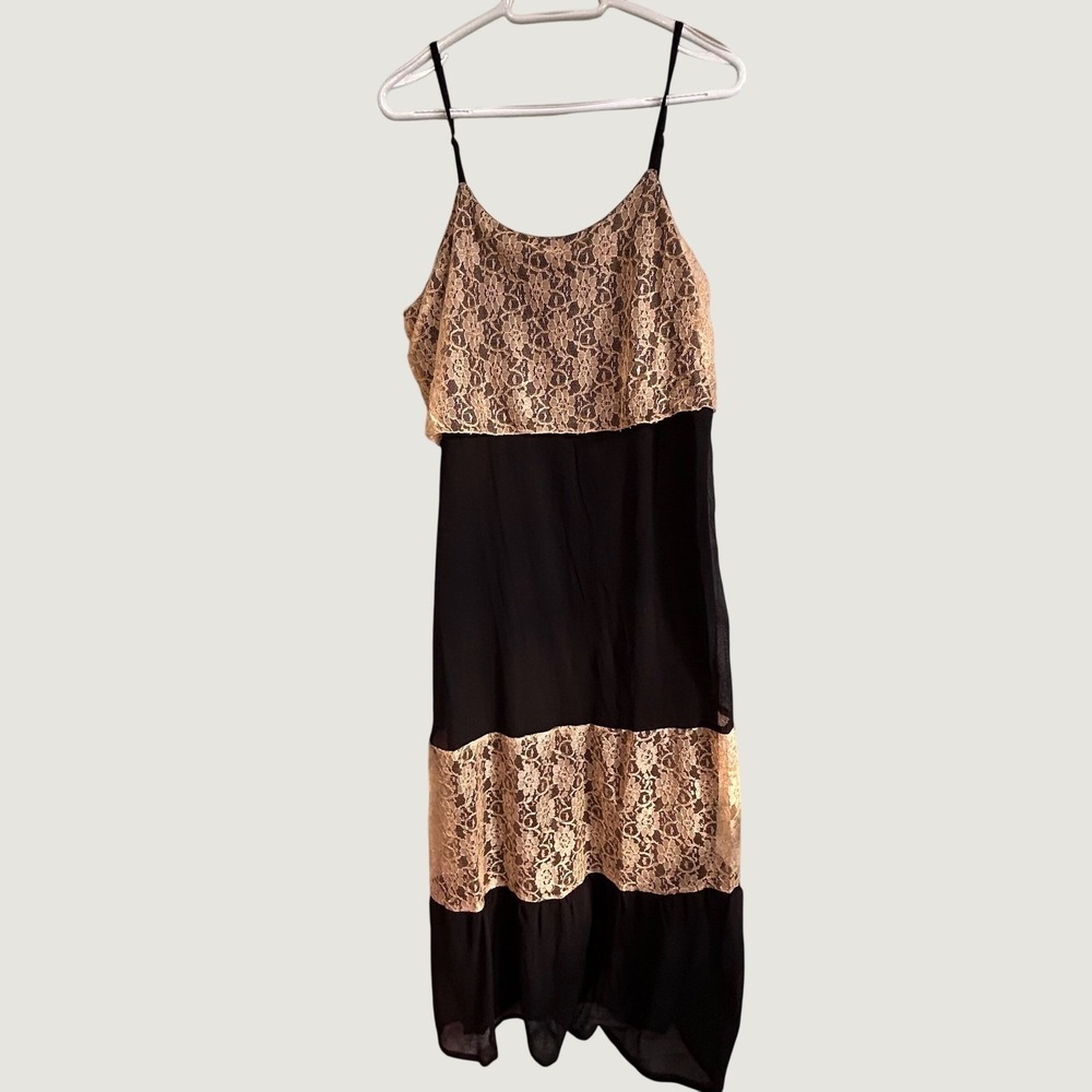 Blue Moon Womens Black Tan Floral Lace Tiered Spaghetti Strap Midi Dress L Boho